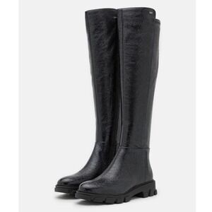 Michael Kors Over The Knee Boots Black Crackled Patent Lug Sole Womens Size 10